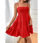 Smocked Bustier Mini Dress with Tiered Hem and Spaghetti Strap Design