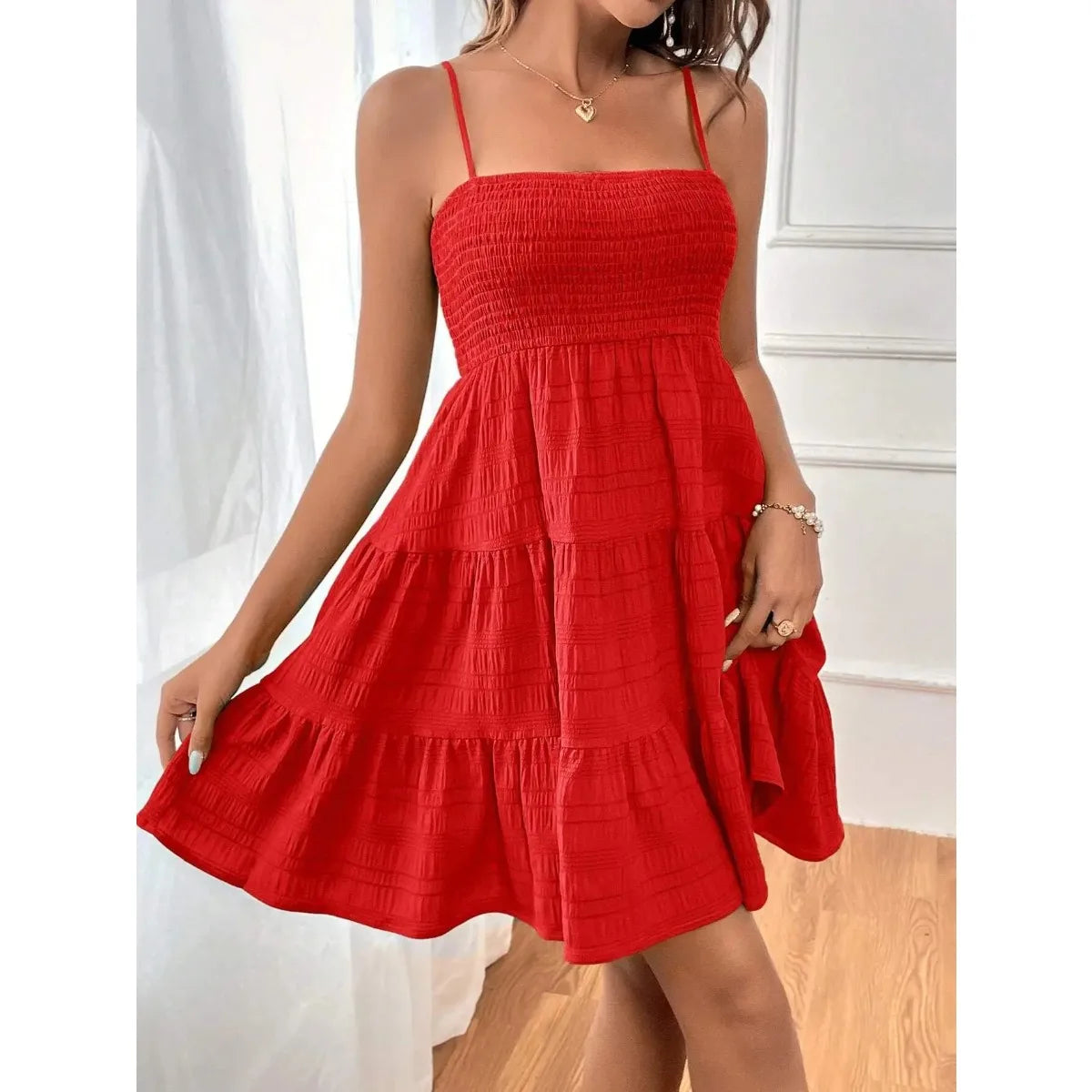 Smocked Bustier Mini Dress with Tiered Hem and Spaghetti Strap Design