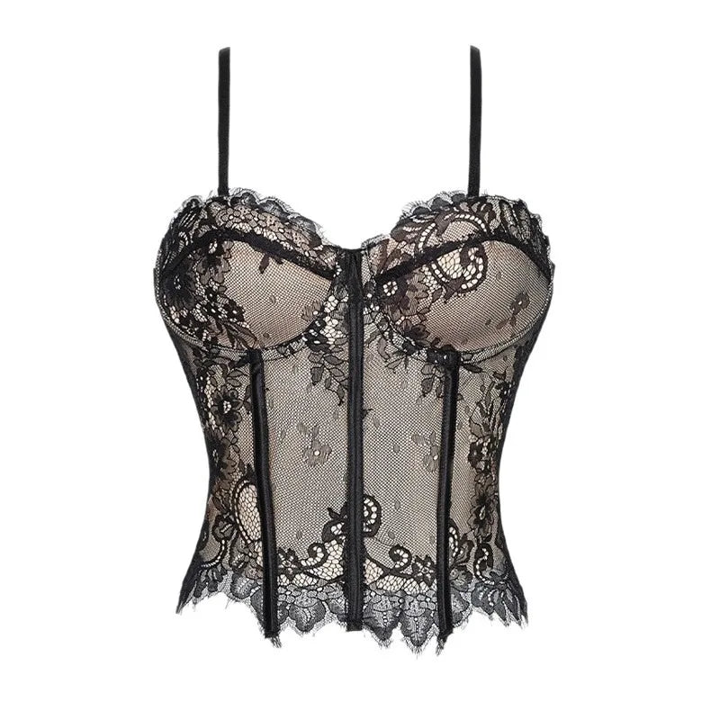 Lace Corset-Inspired Cami Top with Sheer Paneling and Adjustable Straps