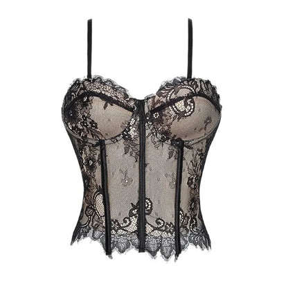 Lace Corset-Inspired Cami Top with Sheer Paneling and Adjustable Straps