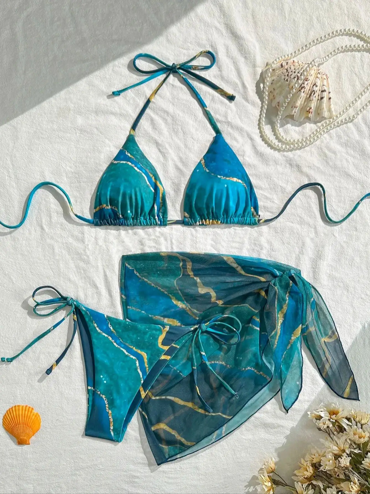 Vibrant Blue Marble Print String Bikini Set with Sheer Mesh Wrap Skirt