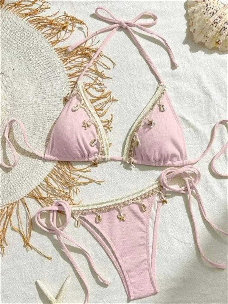 Earthy Olive Green Triangle String Bikini with Crochet and Shell Trim Details
