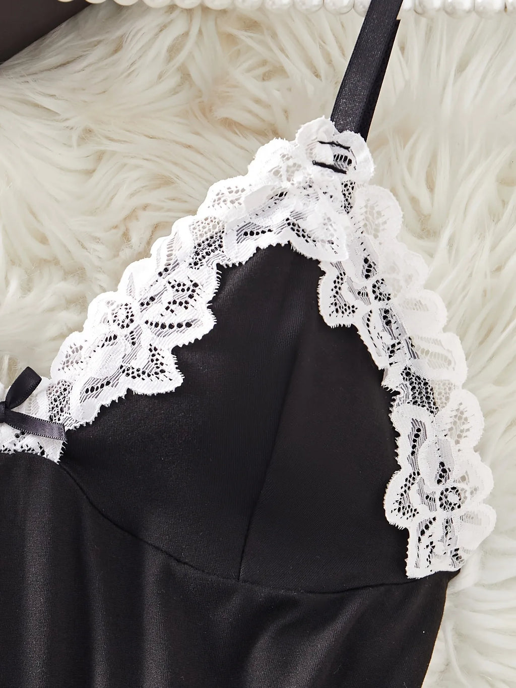 Sleek Black Satin-Finish Chemise with White Lace Appliqué and Matching Panty