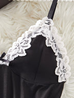 Sleek Black Satin-Finish Chemise with White Lace Appliqué and Matching Panty