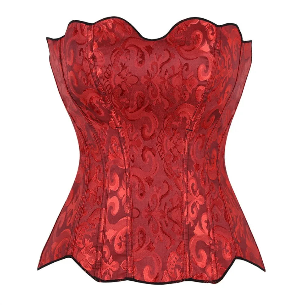 Classic Black Floral Jacquard Overbust Corset with Sweetheart Neckline