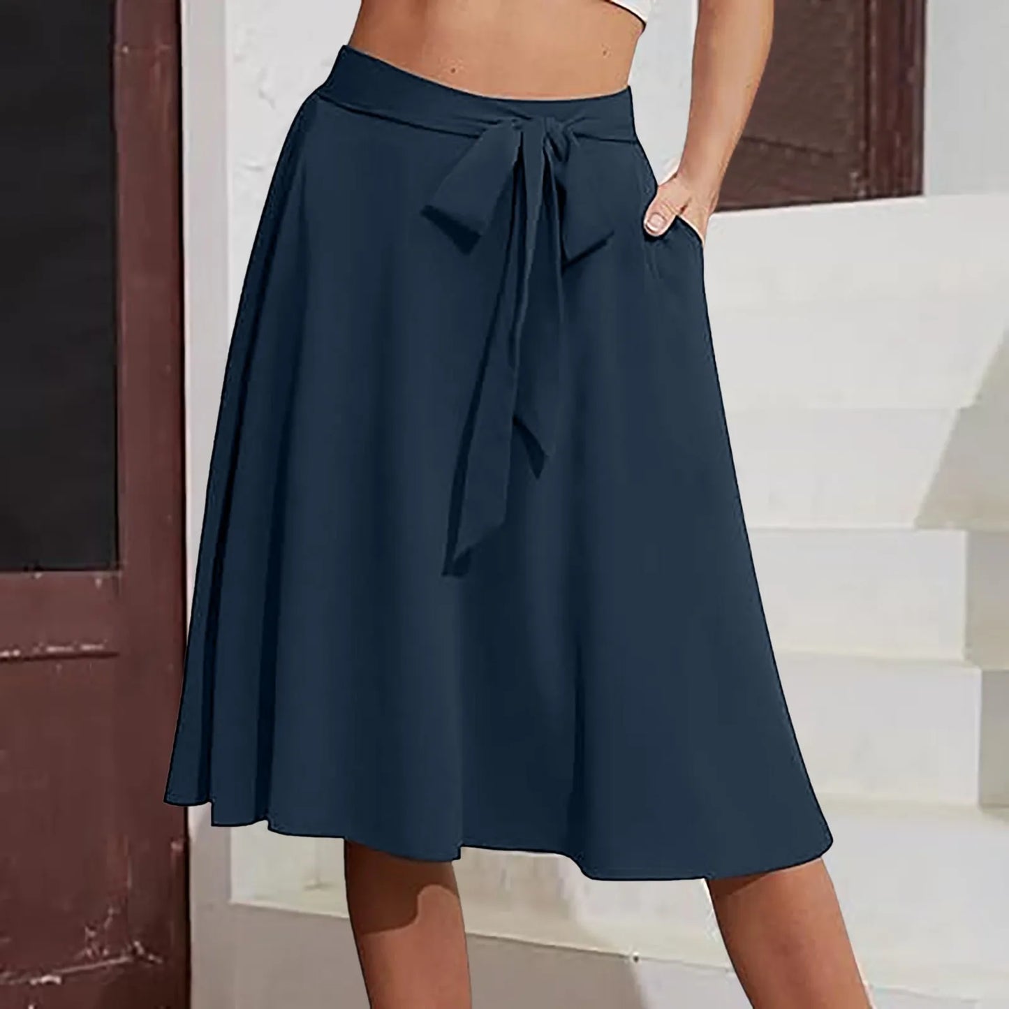 High Waist Lace-Up A-Line Midi Skirt with Pockets Casual Contemporary Everyday Style