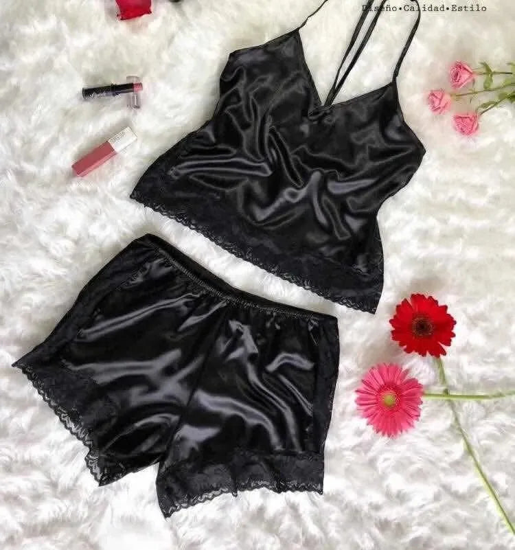Striking Red Satin-Finish Camisole and Shorts Sleep Set with Wide Black Lace Trim