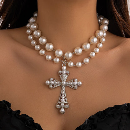 Layered Pearl Cross Necklace for Gothic Dark Feminine Y2K Fashion