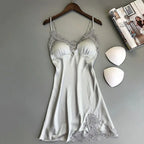 Women's Satin-Look Mini Nightgown with V-Neck and Lace Trim, Sleeveless Slip Dress, Delicate Summer Sleepwear