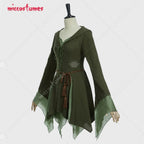 Women's Renaissance-Inspired Linen Blend Dress with Bell Sleeves and Adjustable Waist Belt
