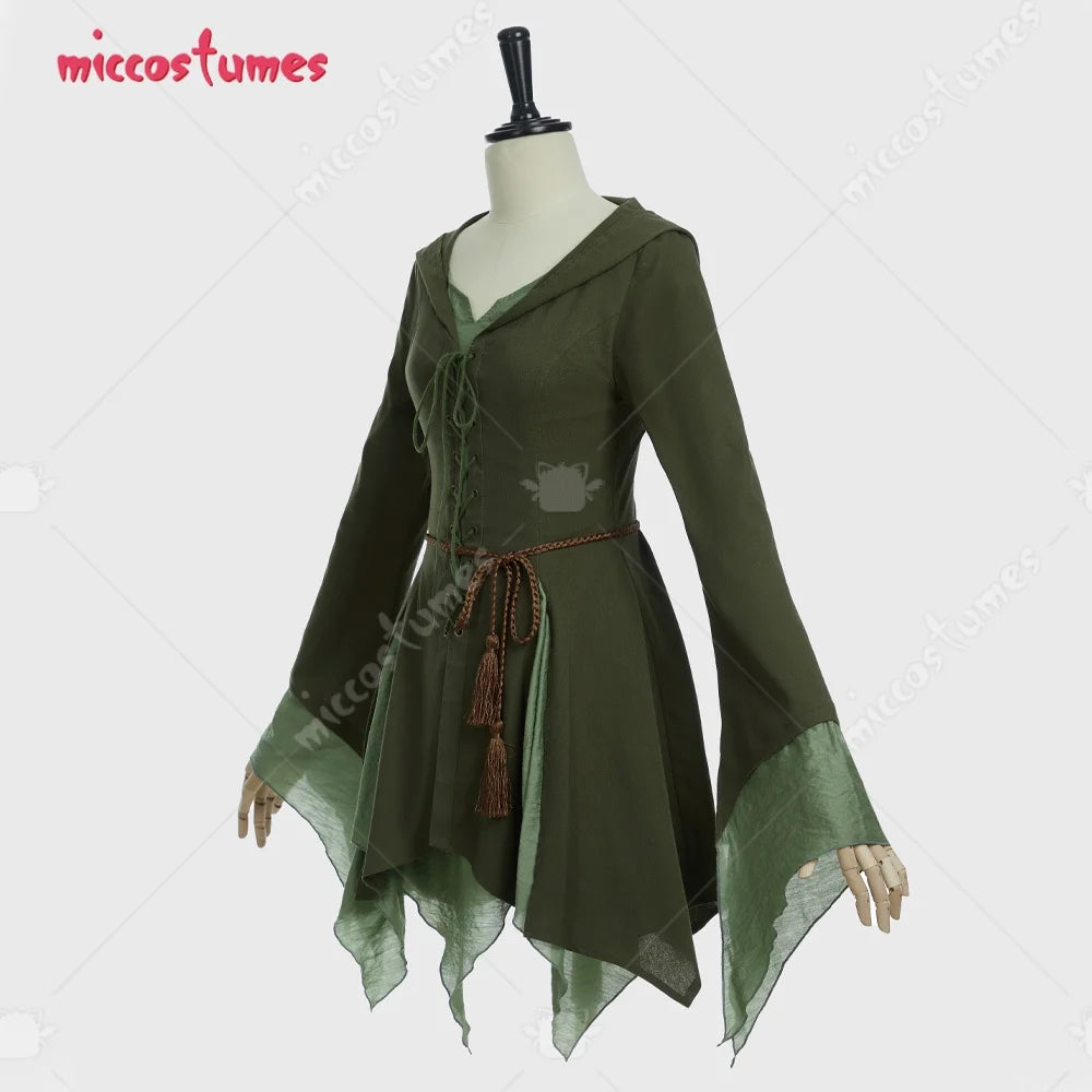 Women's Renaissance-Inspired Linen Blend Dress with Bell Sleeves and Adjustable Waist Belt