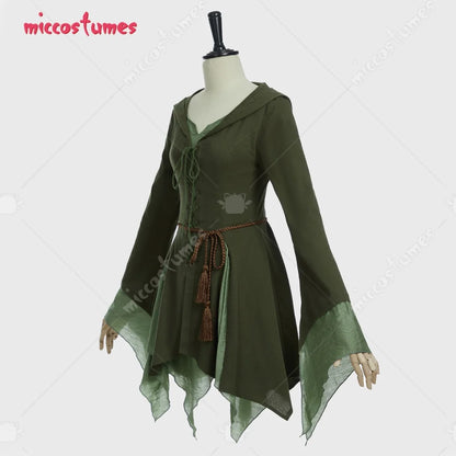 Women's Renaissance-Inspired Linen Blend Dress with Bell Sleeves and Adjustable Waist Belt