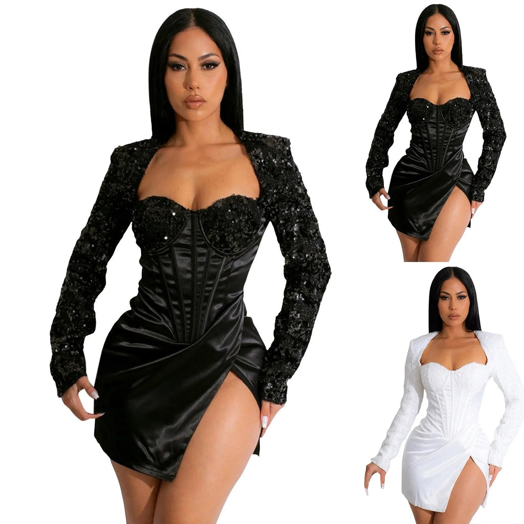 Corset Inspired Long Sleeve Mini Dress With Side Slit Bodycon Silhouette