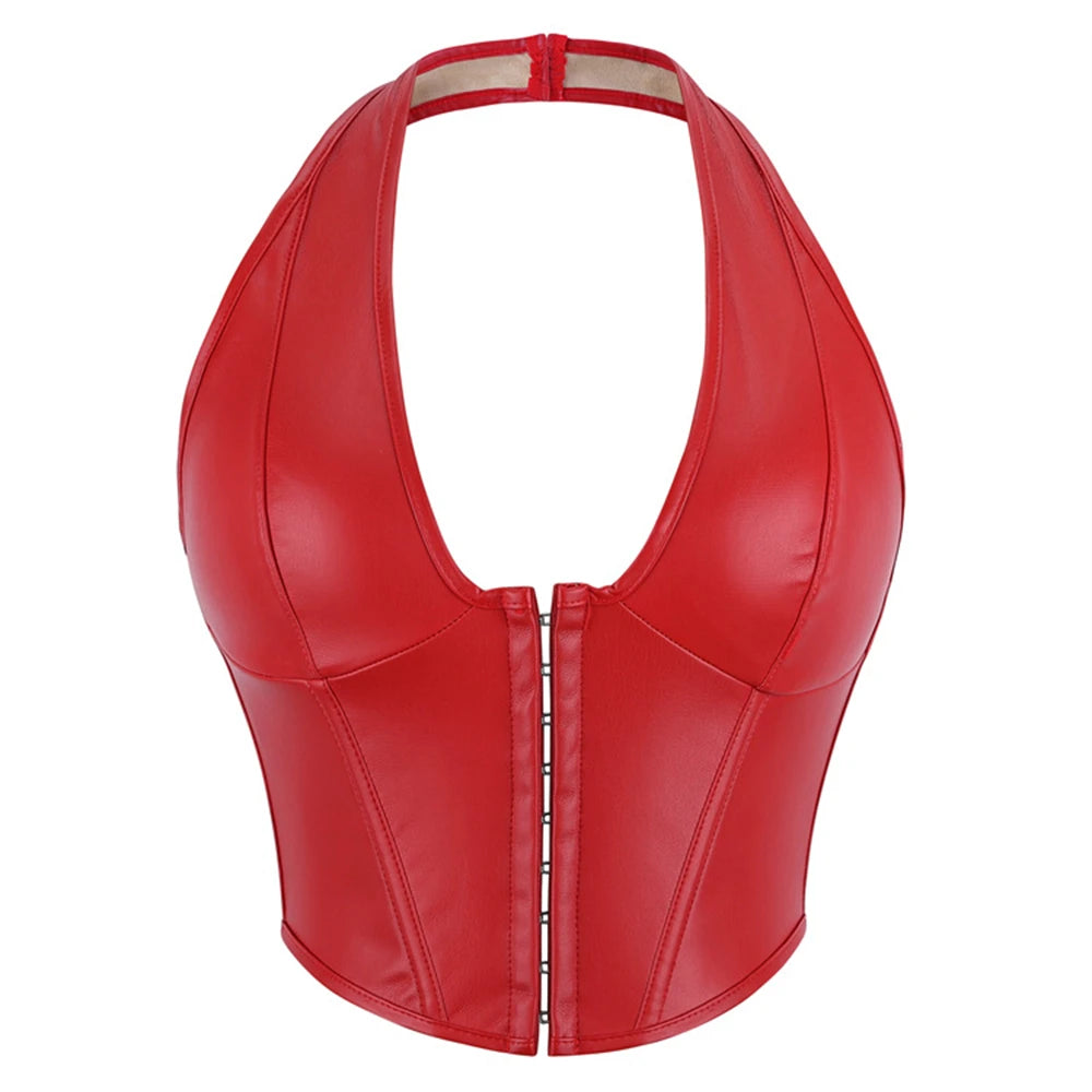 Sleek Burgundy Faux Leather Halter Vest with Front Hook Closure