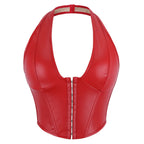 Sleek Burgundy Faux Leather Halter Vest with Front Hook Closure
