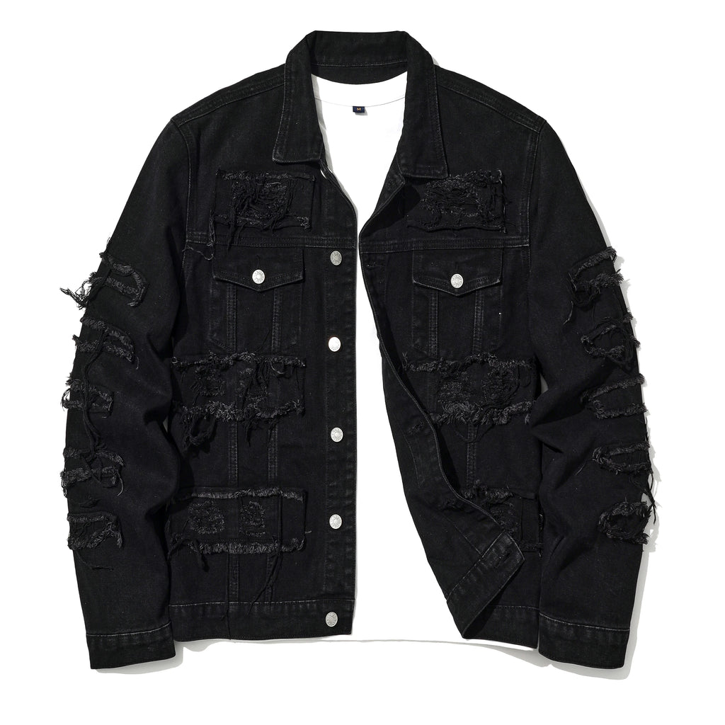Men's Distressed Denim Jacket with Layered Patchwork Streetwear Design