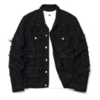 Men's Distressed Denim Jacket with Layered Patchwork Streetwear Design