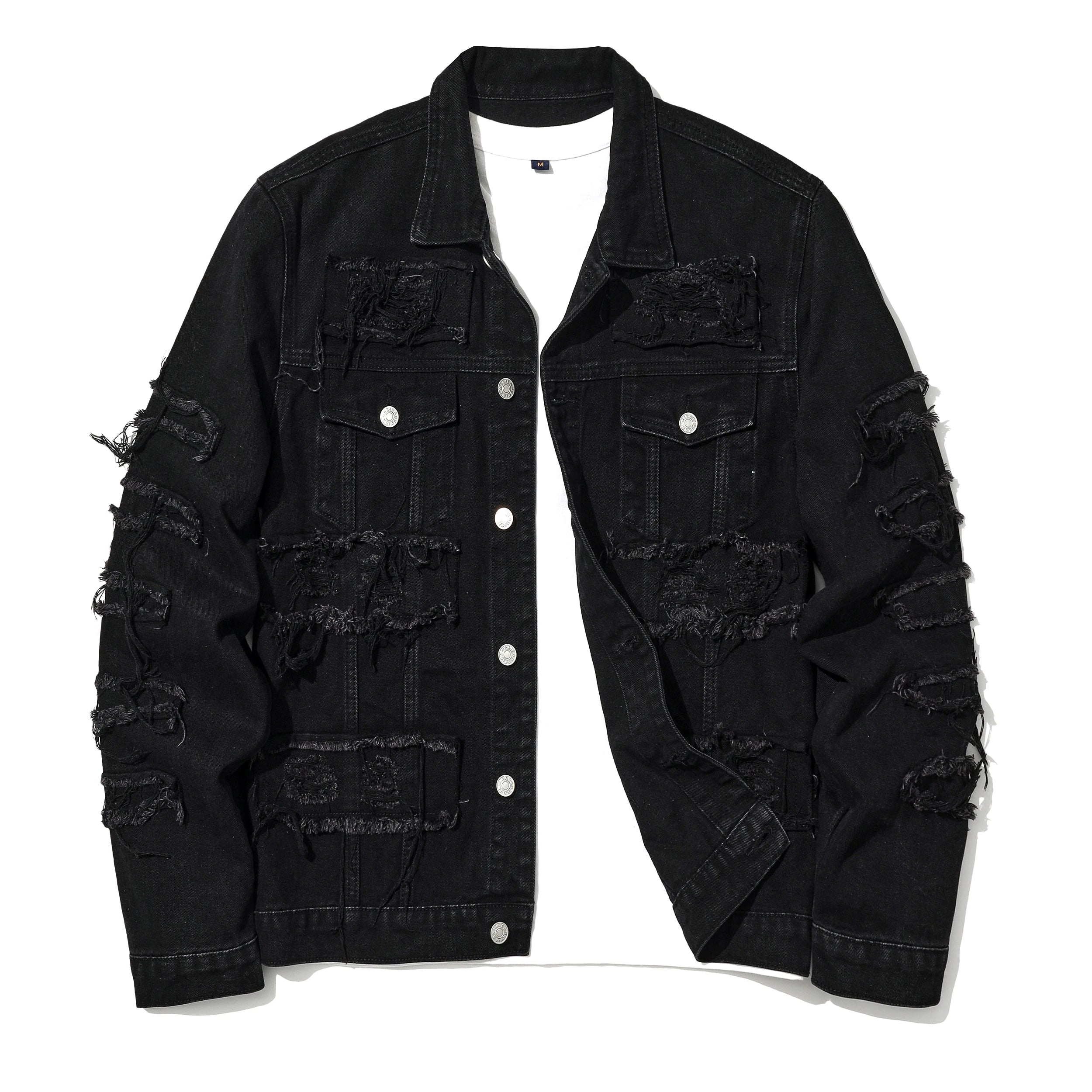 Men's Distressed Denim Jacket with Layered Patchwork Streetwear Design