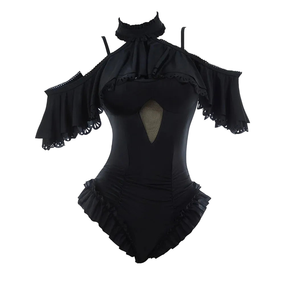 Women's Vintage Inspired Halter One Piece Swimsuit with Ruffle Neck Cover and Elegant Silhouette