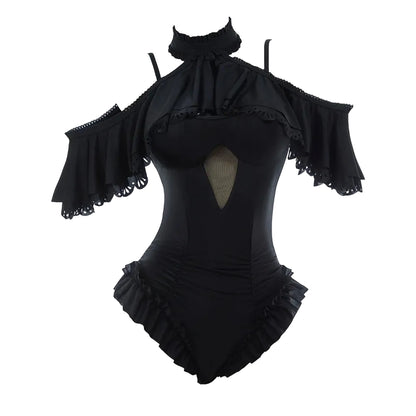 Women's Vintage Inspired Halter One Piece Swimsuit with Ruffle Neck Cover and Elegant Silhouette