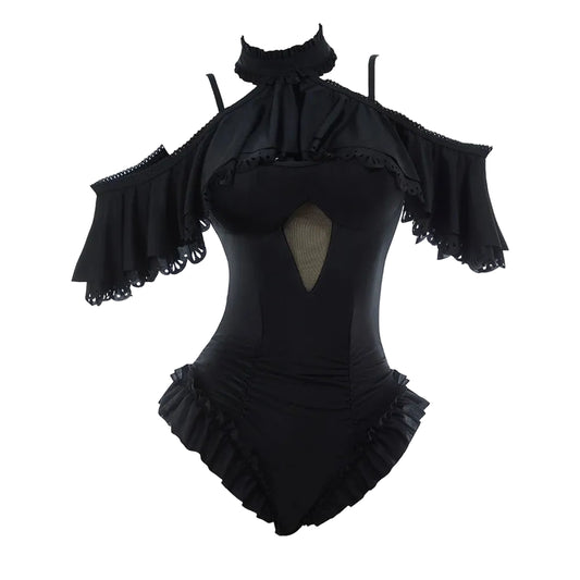 Women's Vintage Inspired Halter One Piece Swimsuit with Ruffle Neck Cover and Elegant Silhouette