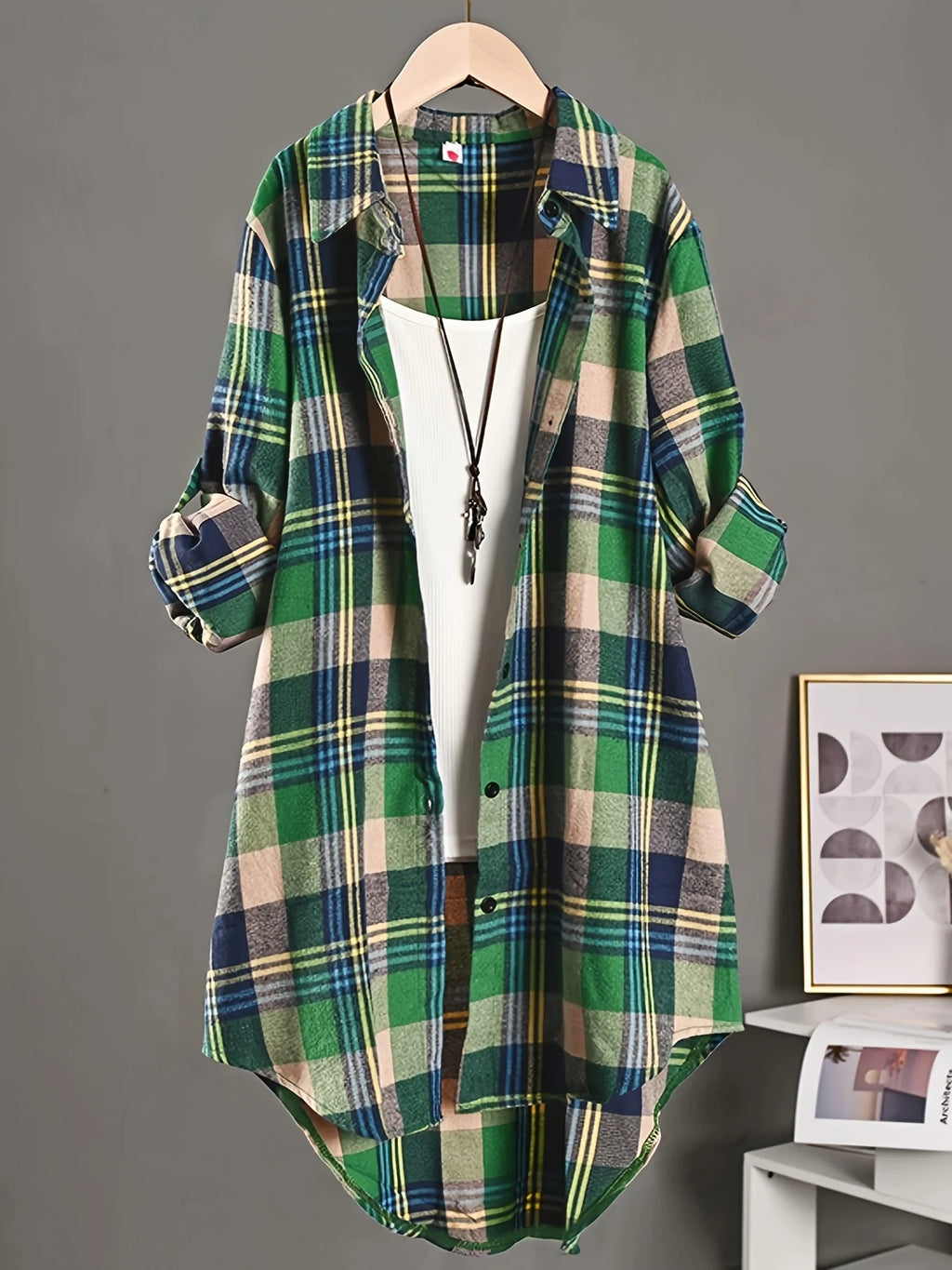 Colorful Tartan Plaid Oversized Tunic Shirt with High-Low Curved Hem