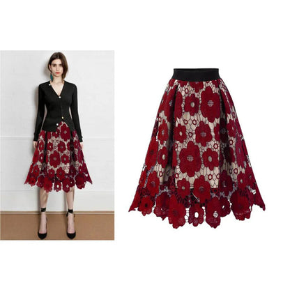 Elegant High Waist Floral Lace Irregular Hem A-Line Midi Skirt