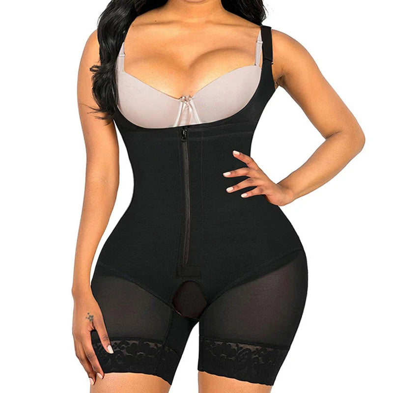 Seamless Open-Bust Mid-Thigh Shaping Bodysuit with Sheer Lace Accents