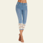 Women's Low Rise Cropped Capri Pants with Lace Hem Detail and Casual Slim Fit