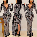 Sheer Sleeve Rhinestone Detail Maxi Dress with Bodycon Silhouette and Slit
