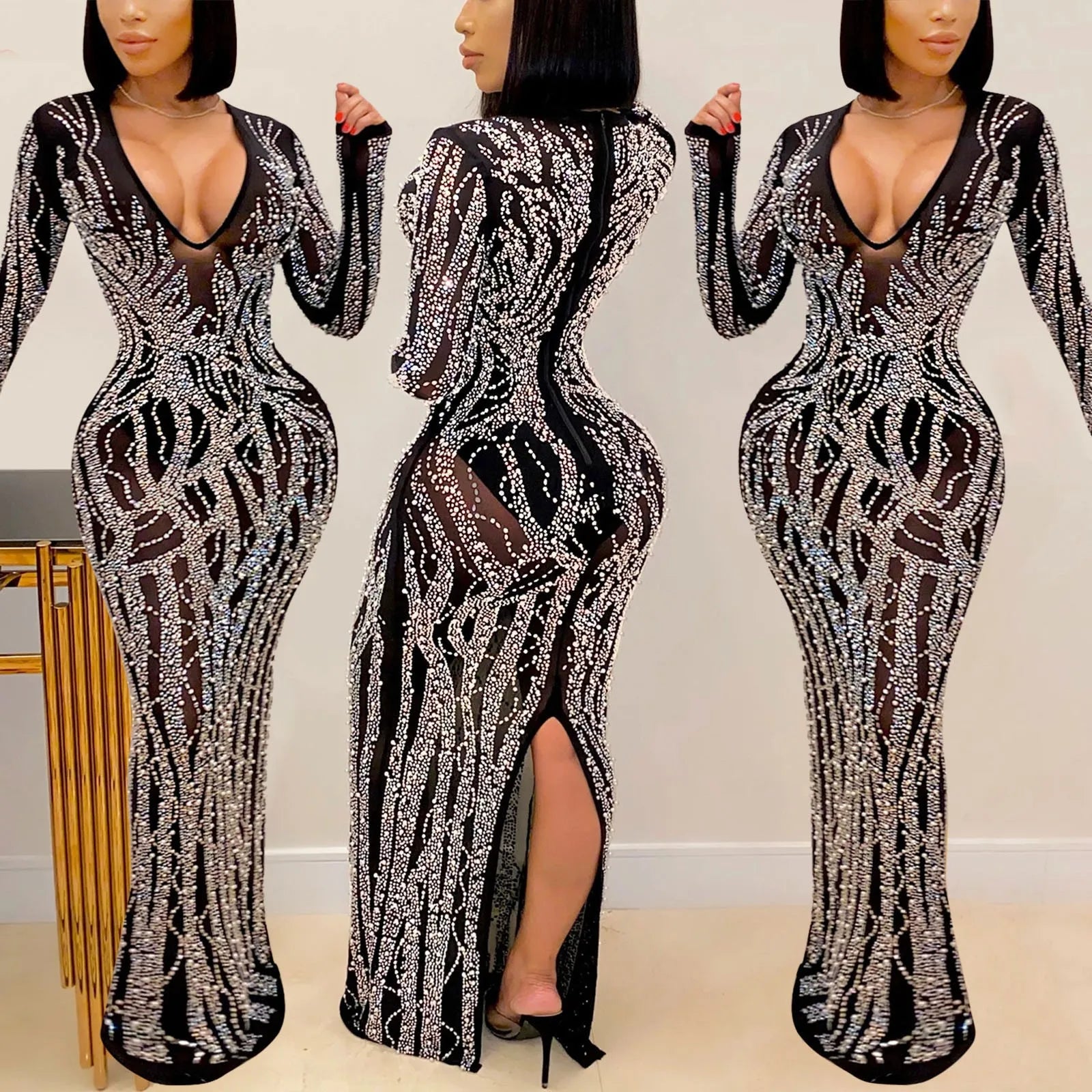 Sheer Sleeve Rhinestone Detail Maxi Dress with Bodycon Silhouette and Slit