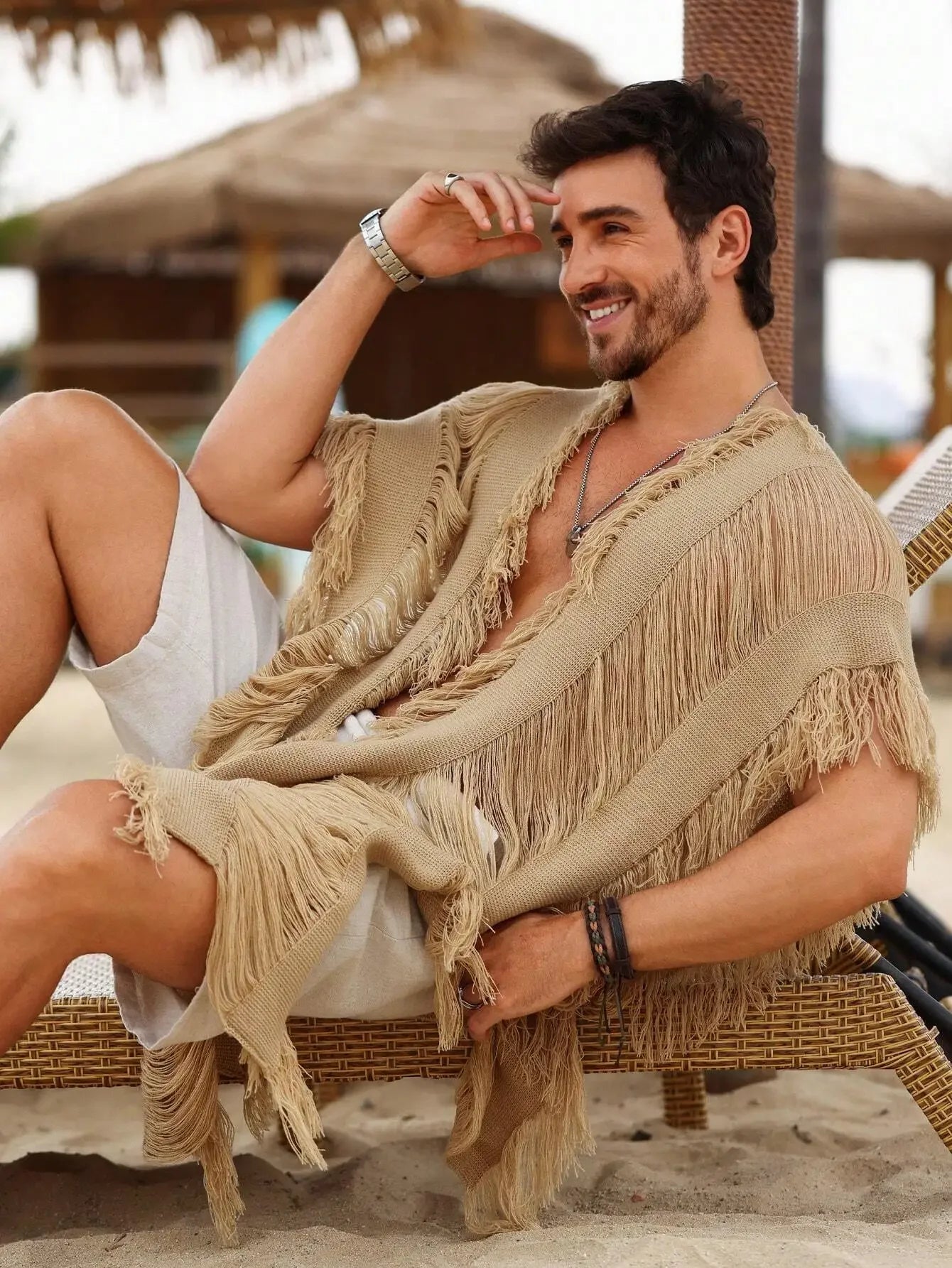 Men's Fringed Sleeveless Knit Cardigan with Oversized Boho Layering Silhouette