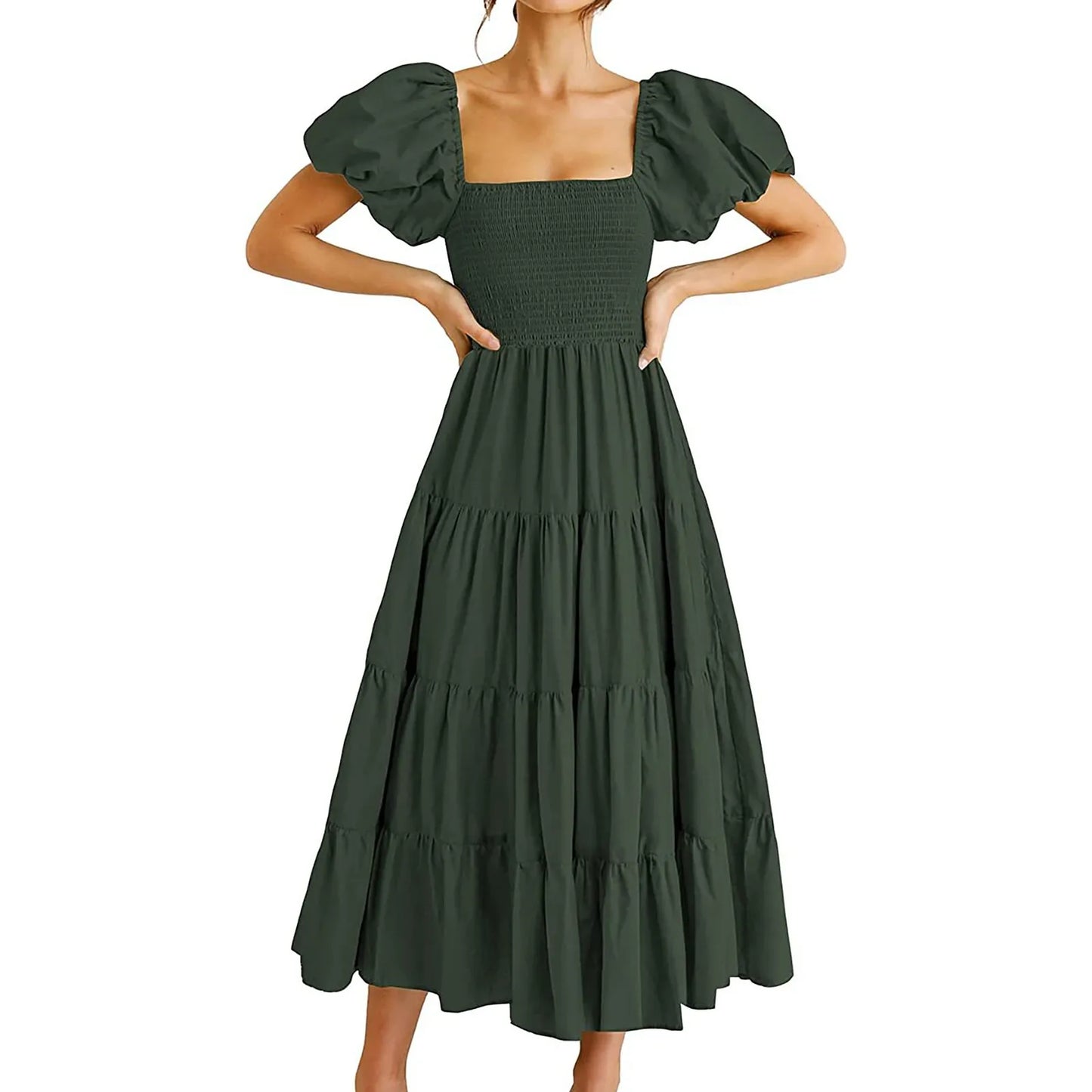 Square Neck Midi Dress with Puff Sleeves and Open Back Design