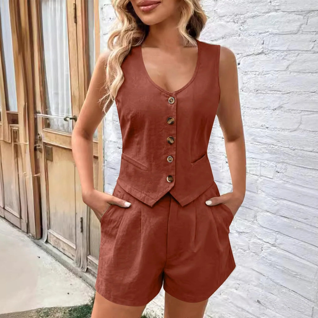 Women's Sleeveless Button Front Vest and Tailored Shorts Summer Matching Set
