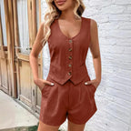 Women's Sleeveless Button Front Vest and Tailored Shorts Summer Matching Set