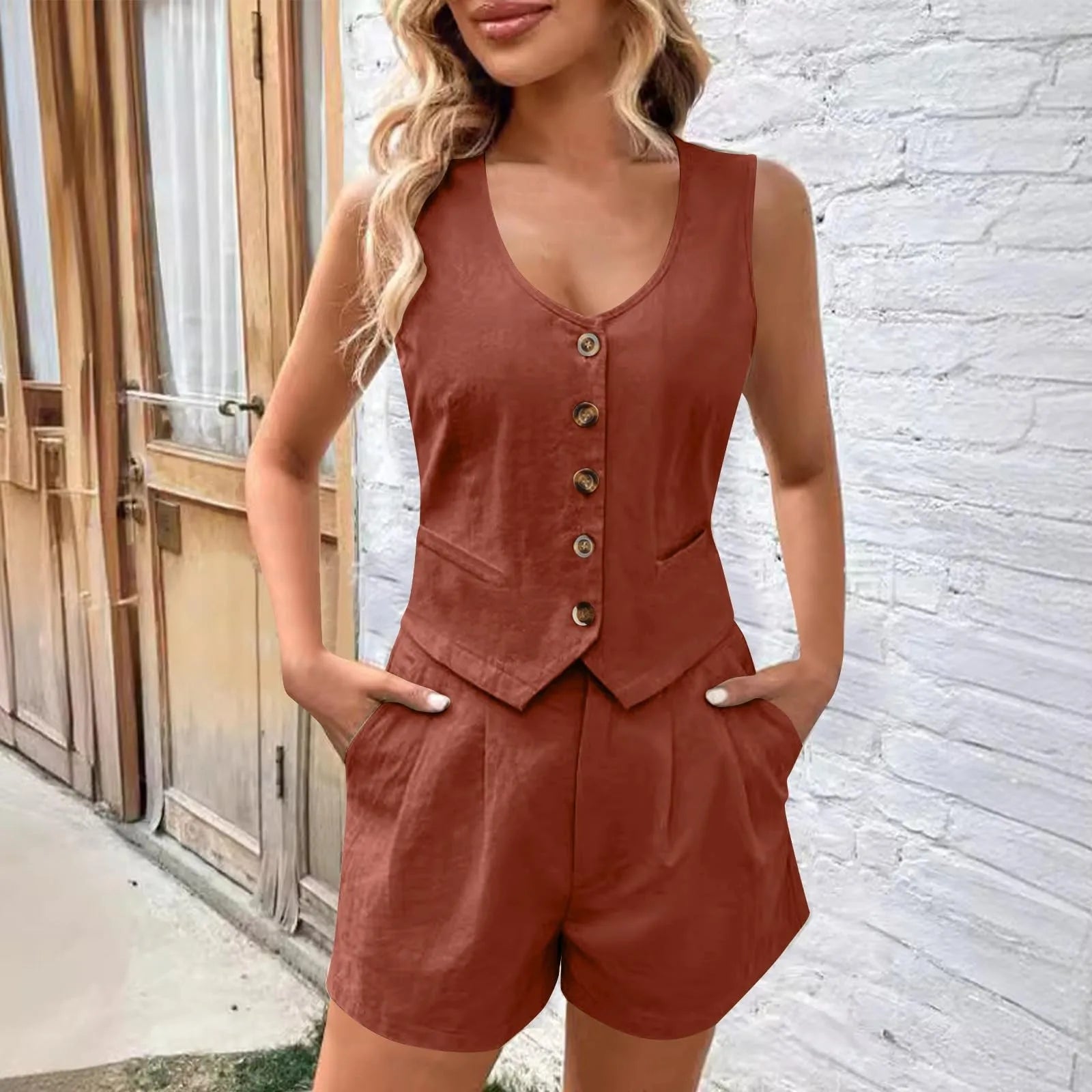 Women's Sleeveless Button Front Vest and Tailored Shorts Summer Matching Set