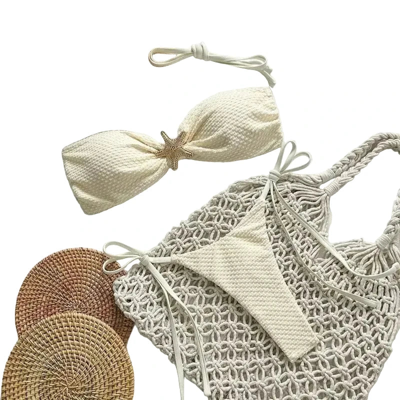Textured Bandeau String Bikini with Starfish Hardware and Side-Tie Bottom