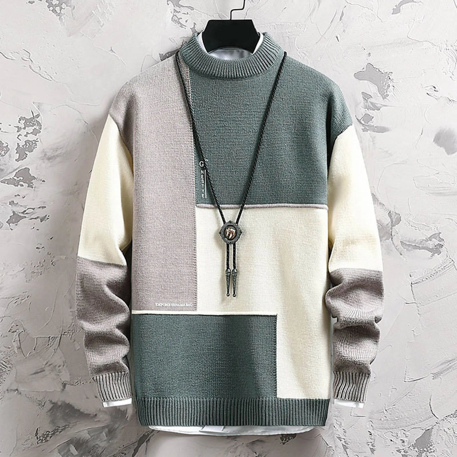 Men's Color Block Mock Neck Relaxed Fit Contemporary Knit Sweater