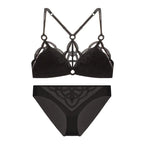 Edgy Black Geometric Strappy Wire-Free Bra and Thong Set