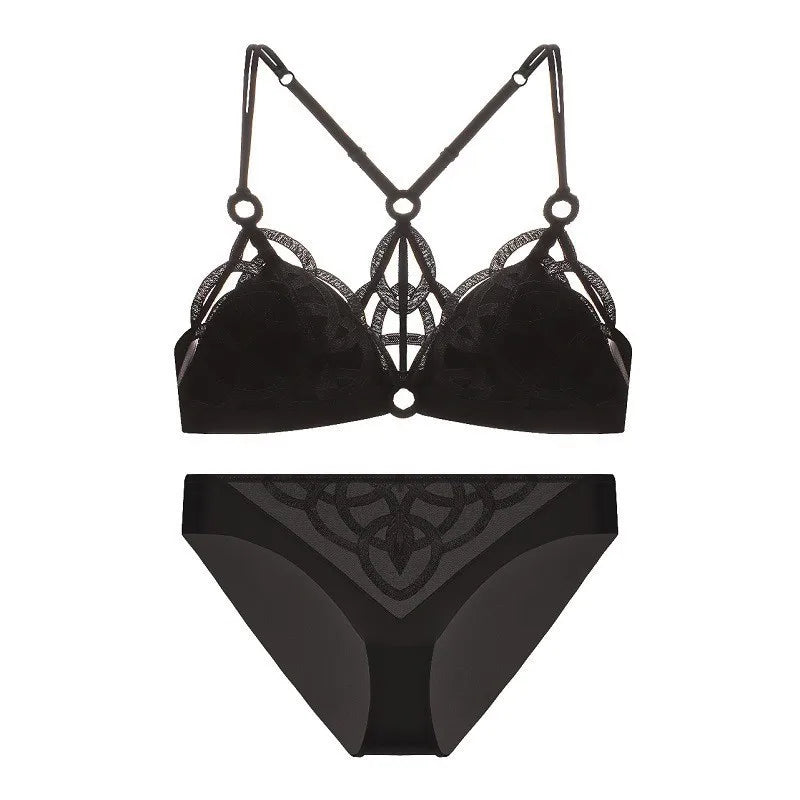 Edgy Black Geometric Strappy Wire-Free Bra and Thong Set