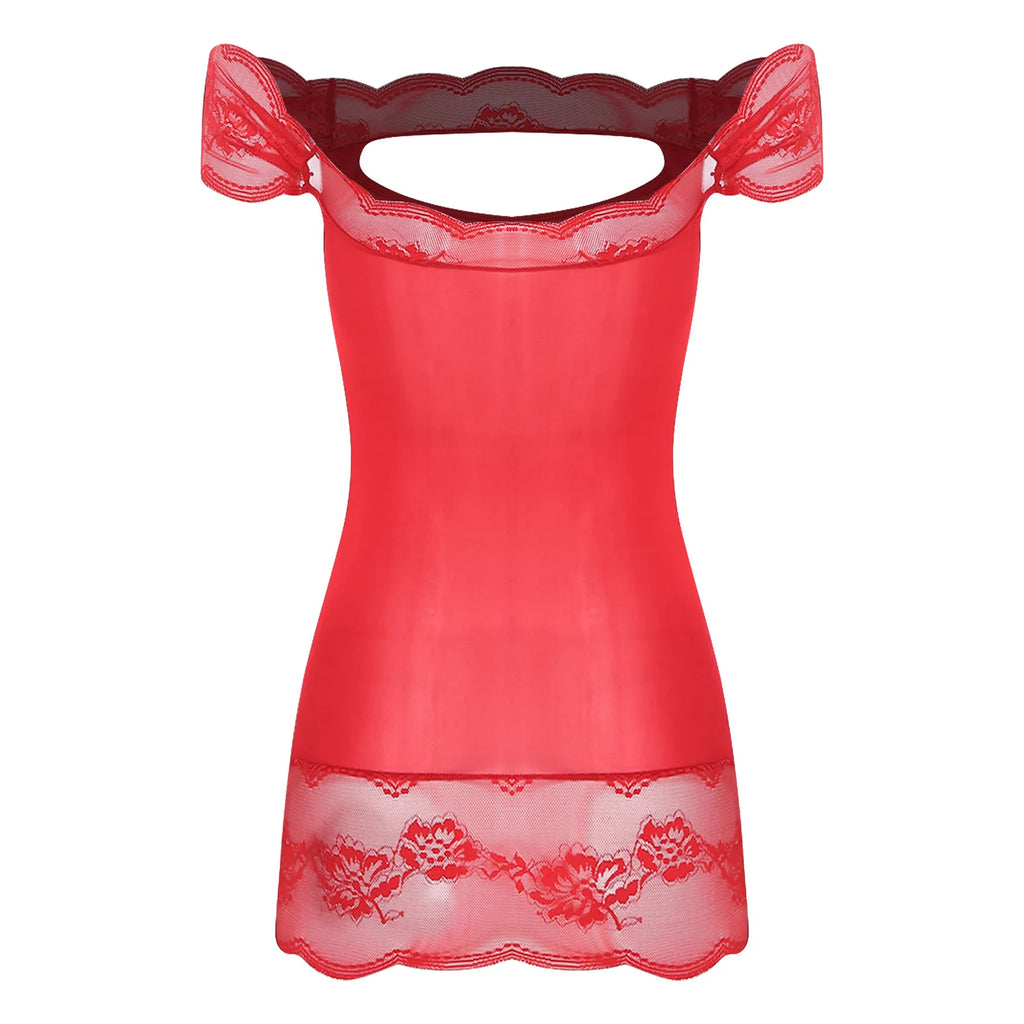 Vibrant Red Off-the-Shoulder Chemise with Chest Cutout and Lace Trim