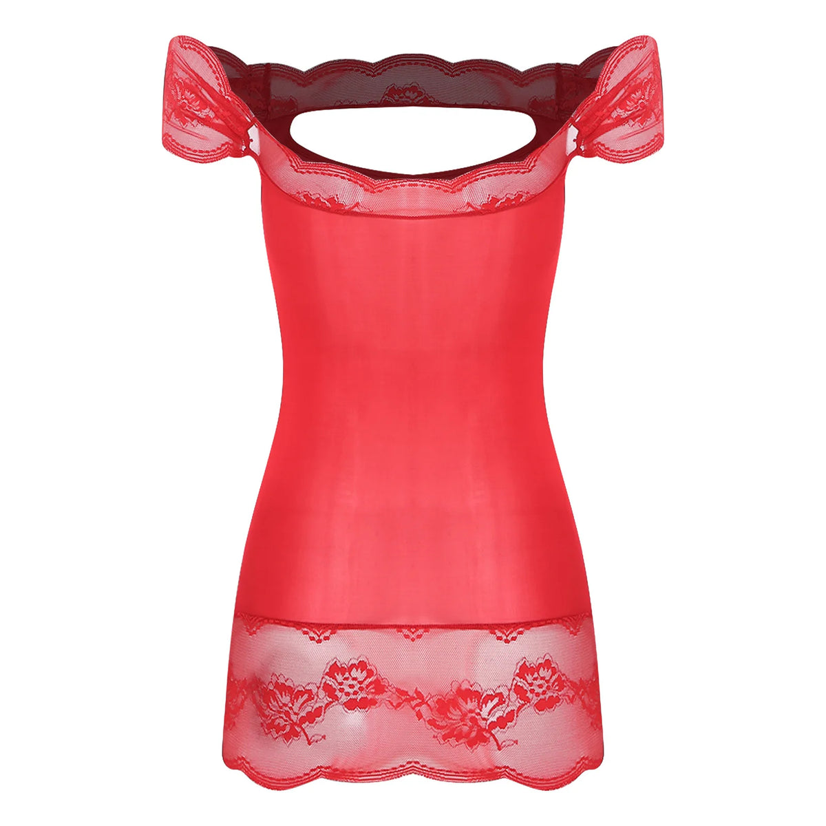 Vibrant Red Off-the-Shoulder Chemise with Chest Cutout and Lace Trim
