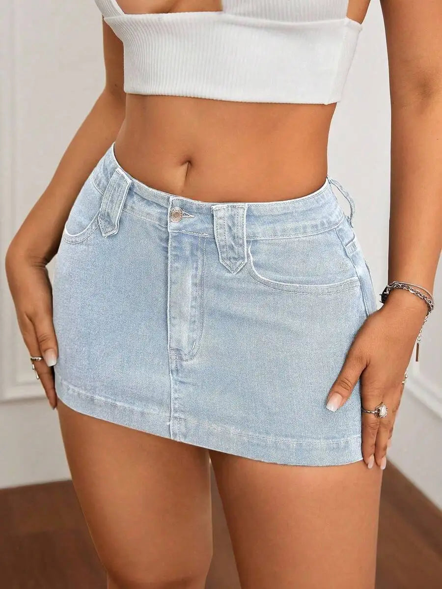 Washed Denim Bodycon Mini Skirt with Front Pockets and Slim Fit