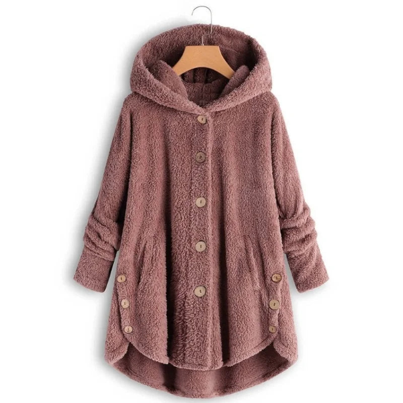 Women's Plush Hooded Teddy Fleece Coat with Button Front for Cozy Winter Layering