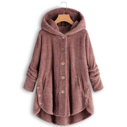 Women's Plush Hooded Teddy Fleece Coat with Button Front for Cozy Winter Layering