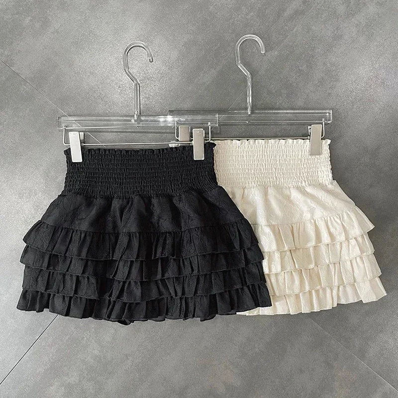 Layered Ruffle Pleated Mini Skirt with High Waist A-Line Silhouette