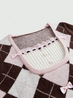 Women's Argyle Knit Sweater with Bow Detail and Fitted Preppy Silhouette