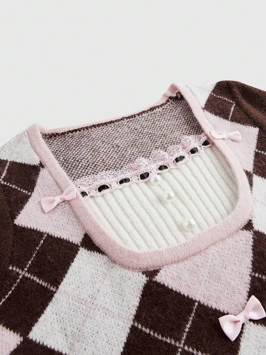Women's Argyle Knit Sweater with Bow Detail and Fitted Preppy Silhouette