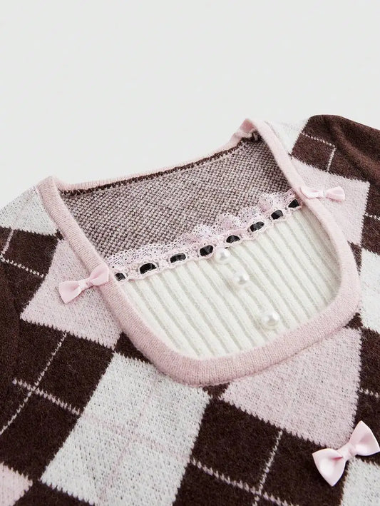 Women's Argyle Knit Sweater with Bow Detail and Fitted Preppy Silhouette