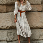 Printed Puff Sleeve Belted Midi Dress with Relaxed Contemporary Shape